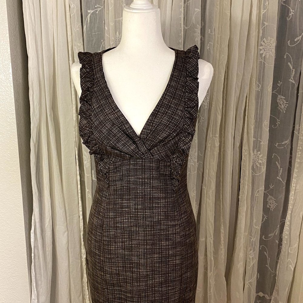 Women Cynthia Steffe Brown Beige Tweed Sleeveless Dress Ruffle size 4